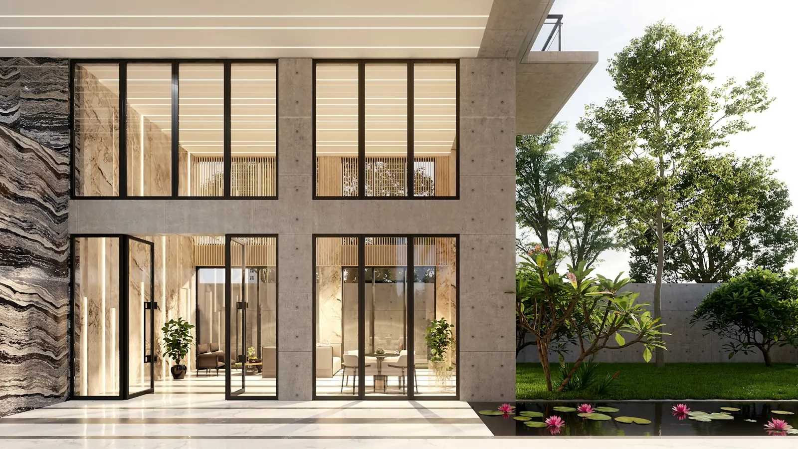 Illustrative contemporary home with stone facades and landscaped garden